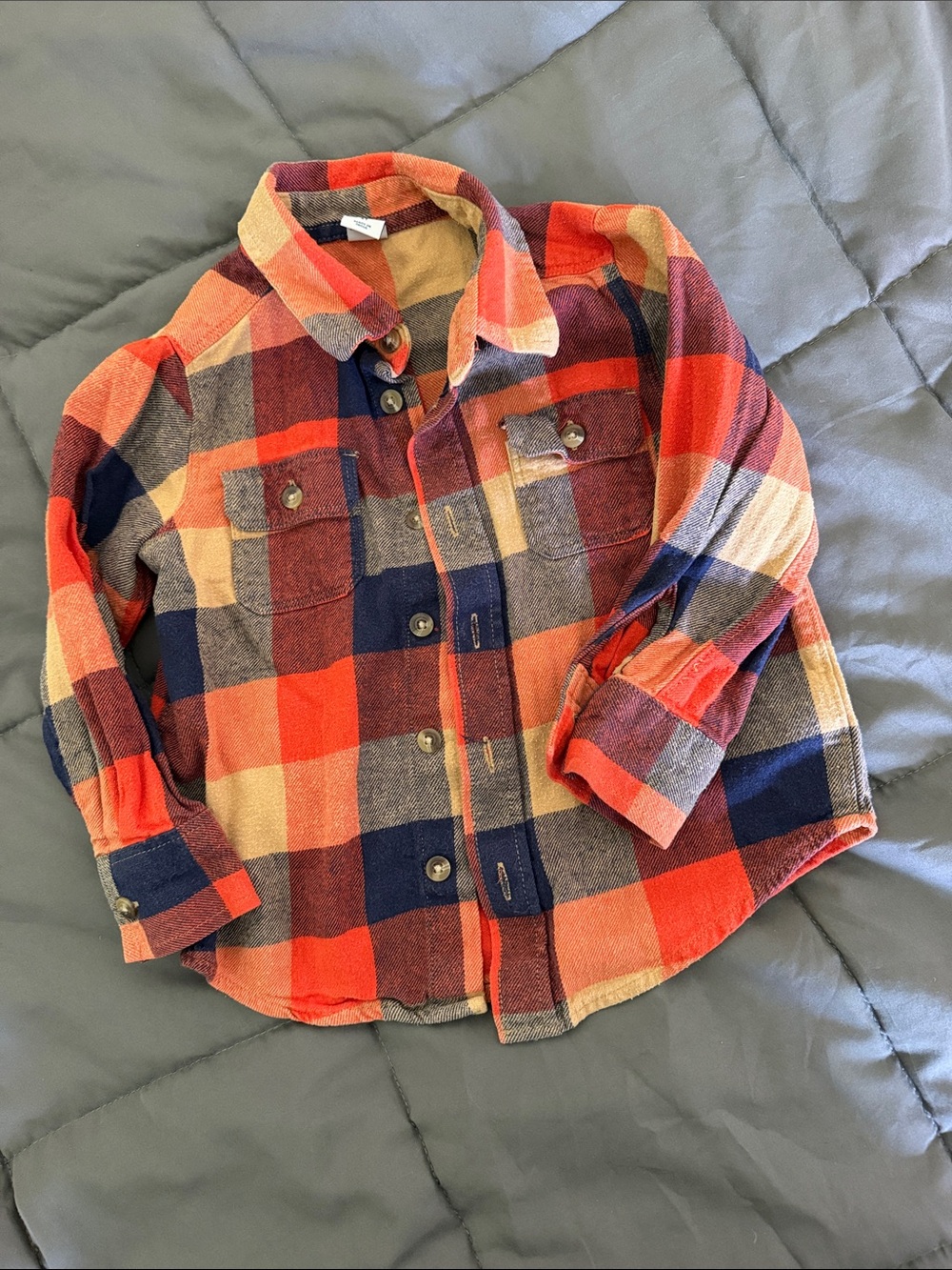 Toddler 3T Plaid Button-Up Shirt - Orange, Navy & Cream